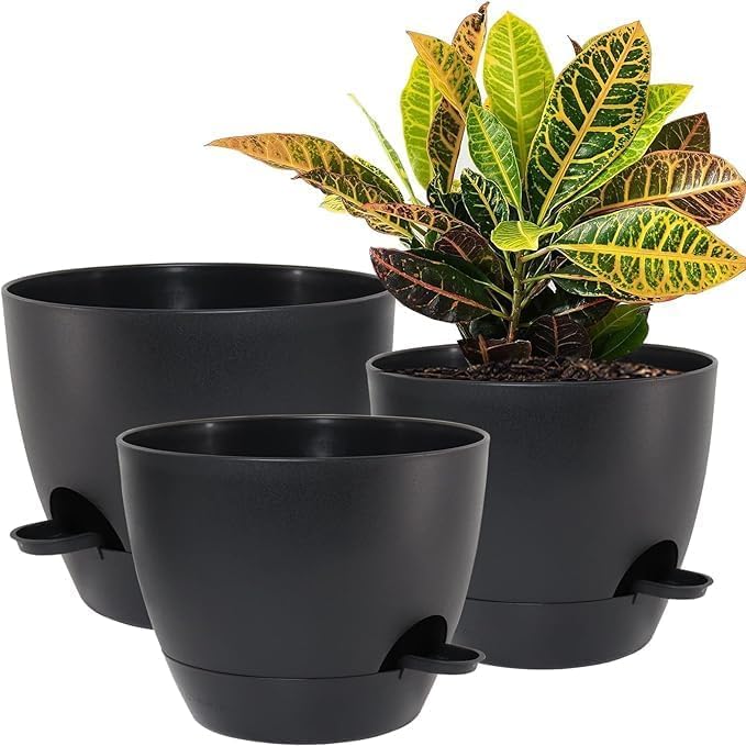 10/9/8 inch Self Watering Pots, Set of 3 Plastic Planters with Mesh Drainage Holes and Deep Reservoir for Indoor Outdoor Garden Plants and Flowers, Black-VerdiqueGarden