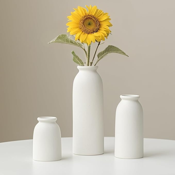Ceramic Vase Set-3, Small Flower Vases for Decor, Modern Boho Farmhouse Style, Decorative Shelf Vases for Pampas Grass & Dried Flowers, Distressed Finish (White)-VerdiqueGarden