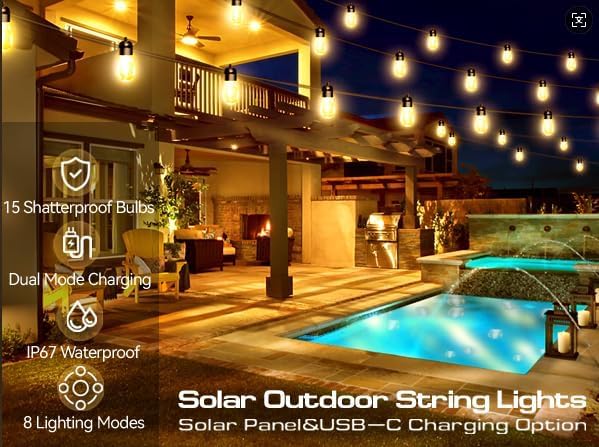 Honche Solar Lights Outdoor Waterproof LED IP66 with 15 Edison Bulb Warm White String Lights Patio Lights Decorate for Christmas Camping Wedding Birthday Backyard Gazebo Party-VerdiqueGarden
