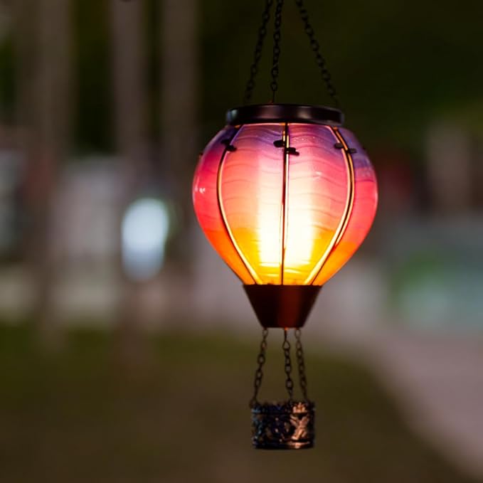 Starsoul Glass Solar Hot Air Balloon Flickering Flame Hanging Garden Light Purple Hot Air Balloon Solar Lantern with Large Basket Waterproof Hot Air Balloon Solar Lamp Decor-VerdiqueGarden