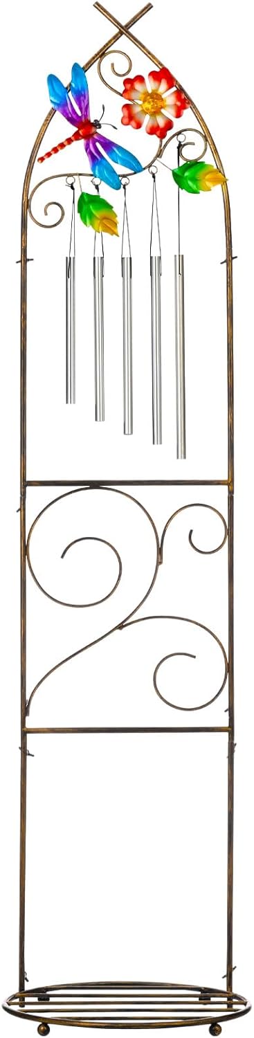 Garden Trellis with Plant Stands, 48” Metal Detachable Dragonfly Plant Pot Trellis with Wind Chimes for Climbing Plants Outdoor Lawn Patio Porches Decor-VerdiqueGarden