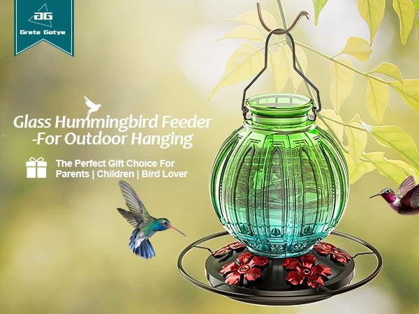 Glass Hummingbird Feeder for Outdoors Hanging, Bird Nectar Feeder with Perch & 5 Flower Feeding Ports, 26 Oz Leak Proof for Outside Garden Decor Backyard, Gifts for Women Mom, Green & Blue-VerdiqueGarden