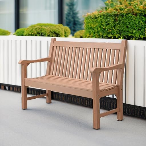 Psilvam 2-Person Poly Lumber Outdoor Bench with 700 Lbs Weight Capacity – Weatherproof Garden Seating for, Balcony Porch & Park, All-Weather Fade-Resistant Patio Furniture (Teak Color)-VerdiqueGarden