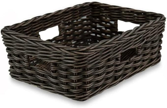 The Basket Lady Rectangular Low Wicker Storage Basket, Medium, 16 in L x 12 in W x 6 in H, Antique Walnut Brown-VerdiqueGarden