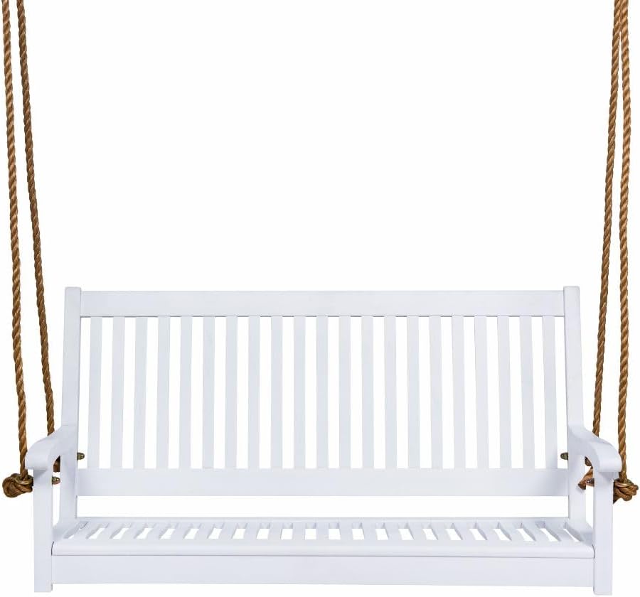 East Green Hayden 5 Foot White Porch Swing with Ropes - Outdoor Bench Swing Crafted from Naturally Weather-Resistant Acacia Wood-VerdiqueGarden