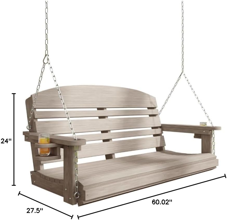 Classic Recycled Plastic Porch Swing in Weatherwood Finish - Composite Poly Swing with Included Hanging Chains-VerdiqueGarden