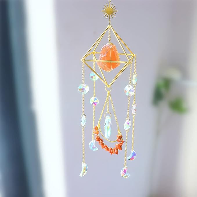 Orange Salt Crystal Suncatchers for Windows, Gemstone Sun Catcher Hanging, Unique Spiritual, Crystal Window Hanging, Boho Home Decor, Natural Stone (Orange Salt Stone)-VerdiqueGarden
