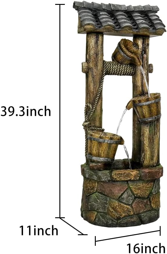 Wishing Well Water Fountain, 39.3inches Rustic Outdoor Water Fountains - Outdoor Cascading Waterfall with Buckets, Pump & Lights for Backyard Patio Decor-VerdiqueGarden