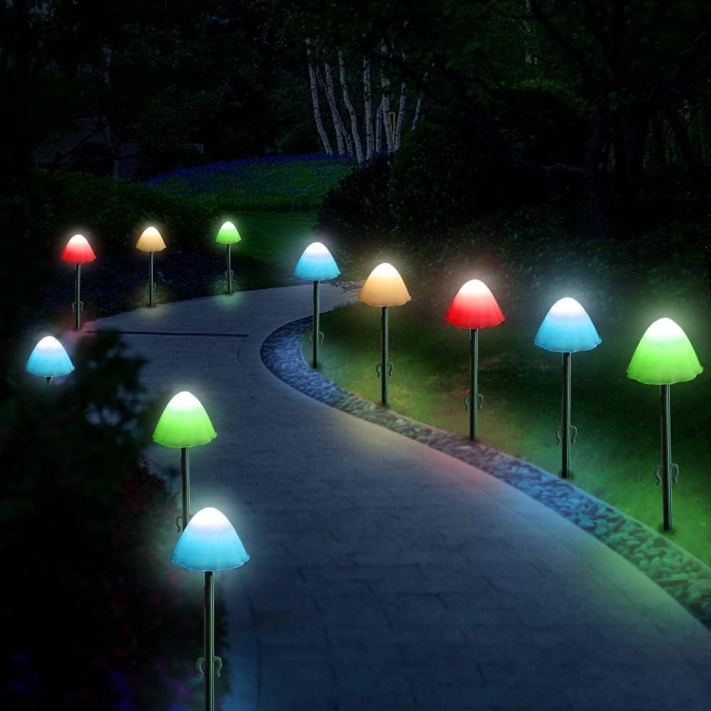 Outdoor Solar Garden Lights, Set of 12 Mini Solar Mushroom Light Outdoor Waterproof Cute Mushroom Shaped Pathway Landscape Lights for Yard Patio Garden Party Wedding Festival Decoration （Multicolor-VerdiqueGarden