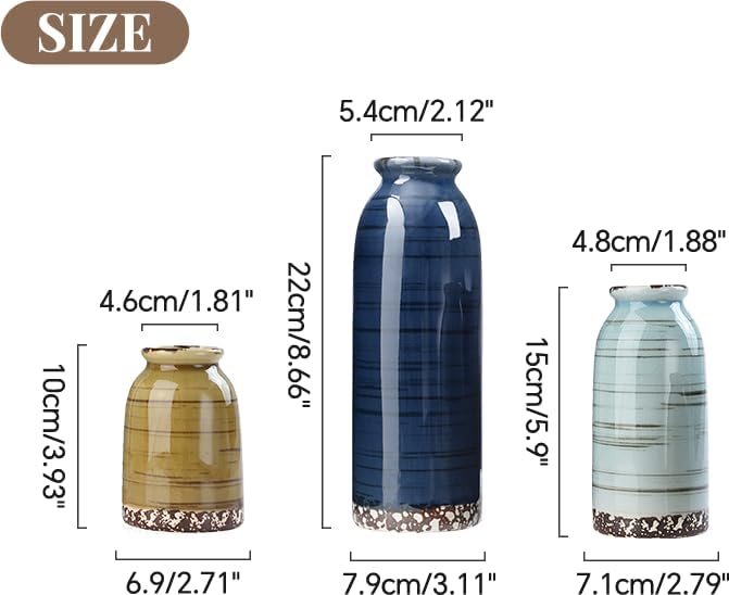 Ceramic Vase Set of 3, Farmhouse Decorative Vase for Pampas Grass, Living Room, Bathroom,Bookshelf, Centerpieces (Blue/Navy Blue/Yellow)-VerdiqueGarden