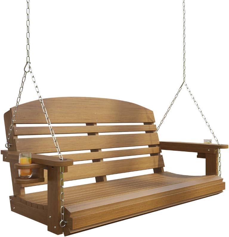 Classic Recycled Plastic Porch Swing in Mahogany Finish - Composite Poly Swing with Included Hanging Chains-VerdiqueGarden