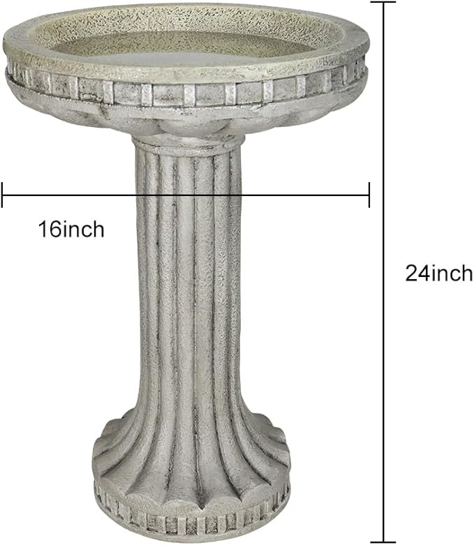 SunJet 24” H x 16” Dia Outdoor Birdbath with Classical Pedestal - Fibre Reinforced Concrete Birdbaths, Vintage Design for Garden Decor & Bird Attraction-VerdiqueGarden