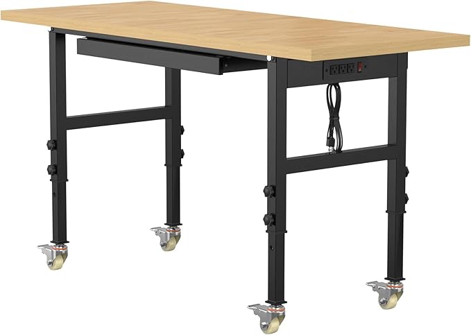 60" Adjustable Workbench,Heavy-Duty Work Table,3000 LBS Load Capacity Particleboard Hardwood Workstation Outlets with Power Strips, Drawers and Wheels,for Workshop, Garage-VerdiqueGarden