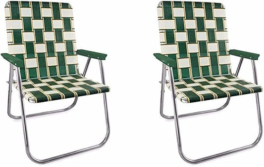 Lawn Chair USA - Outdoor Chairs for Camping. Made with Lightweight Aluminum Frames and UV-Resistant Webbing. Folds for Easy Storage 2- Pack (Charleston with Green Arms, Magnum)-VerdiqueGarden