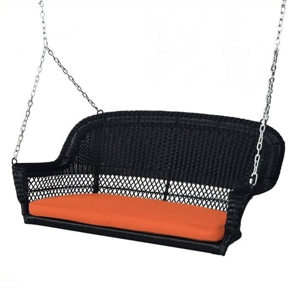 Pemberly Row Wicker Porch Swing in Black with Orange Cushion-VerdiqueGarden