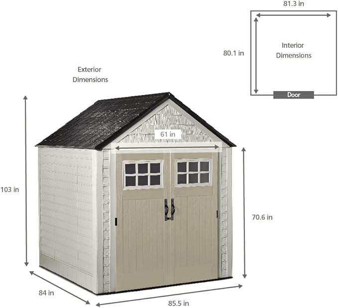 Rubbermaid 7 Foot by 7 Foot Weatherproof Outdoor Storage Shed for Garden Tools and Lawn Machinery Organization with Lockable Double Door Sandstone-VerdiqueGarden