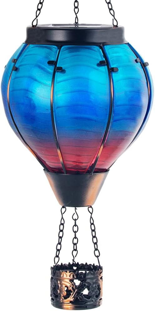 Starsoul Blue Hot Air Balloon Solar Lantern Glass Solar Hot Air Balloon Flickering Flame Hanging Garden Light Waterproof Solar Lamp Hot Air Balloon Garden Yard Farmhouse Decor-VerdiqueGarden