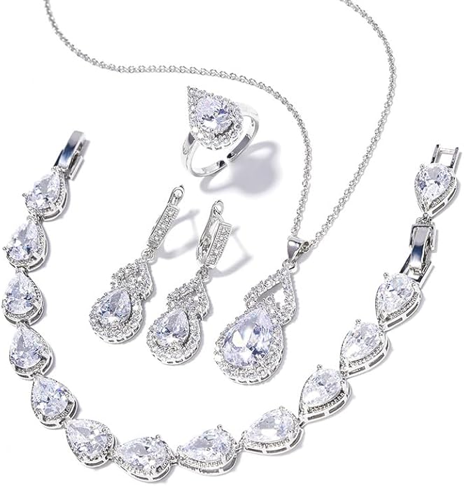 Classic Jewelry Set—Perfect for Weddings, Galas, and Everyday Wear—Includes Bracelet, Ring, Pendant Earrings, and Necklace ，Birthday Gift for Mother/Wife/Sister/Best Friend