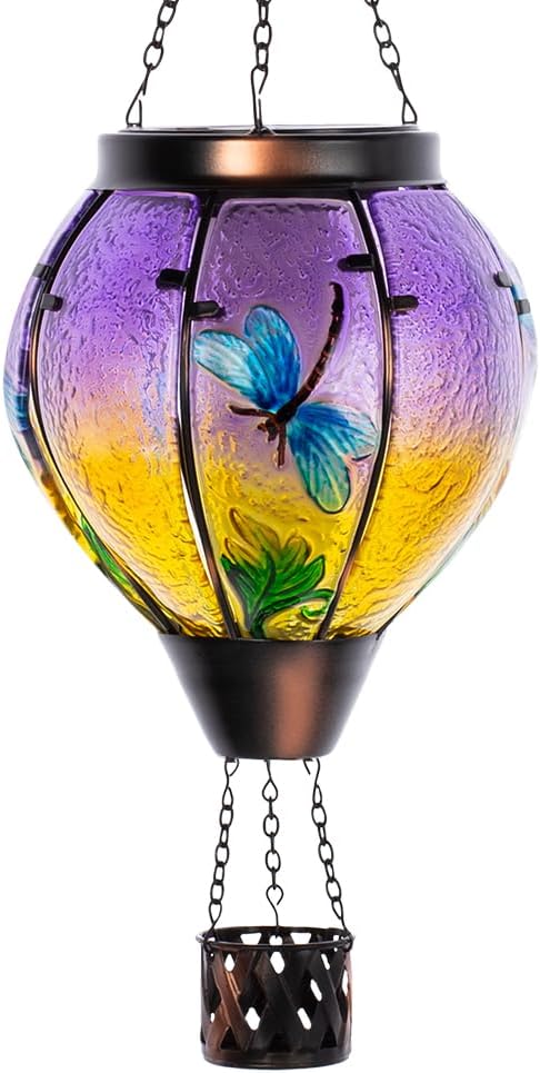 Starsoul Dragonfly Hot Air Balloon Solar Lantern Outdoor Glass Hanging Hot Air Balloon Lantern with Flame Light Waterproof for Patio Pathway Yard Porch Backyard Decor-VerdiqueGarden