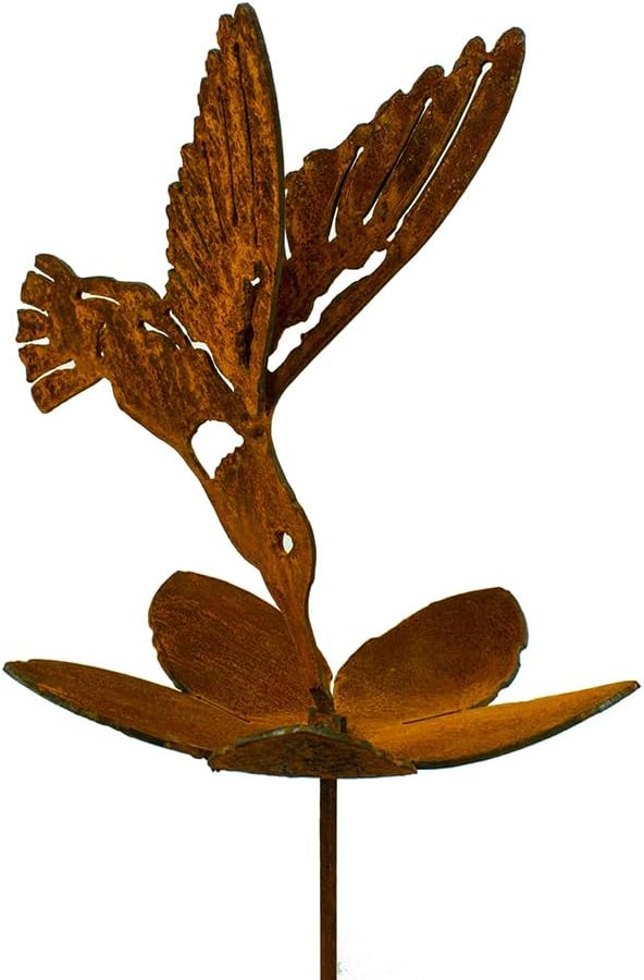 Hummingbird and Flower Garden Stake | Steel Construction with Real Rust Finish | Made in USA-VerdiqueGarden