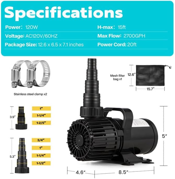 VIVOHOME 120W 2700GPH Submersible Water Pump with 180° Seamless Adjustable Nozzle and Barrier Bag for Koi Pond Waterfall Fountains Fish Tank-VerdiqueGarden