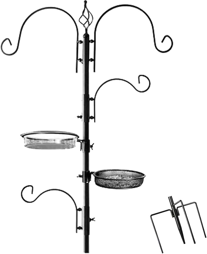 Ashman Deluxe Bird Feeding Station (4 Pack) Bird Feeders for Outside - Multi Feeder Pole Stand Kit with 4 Hangers, Bird Bath and 3 Prong Base for Attracting Wild Birds - 22 Inch Wide x 92 Inch Tall.-VerdiqueGarden