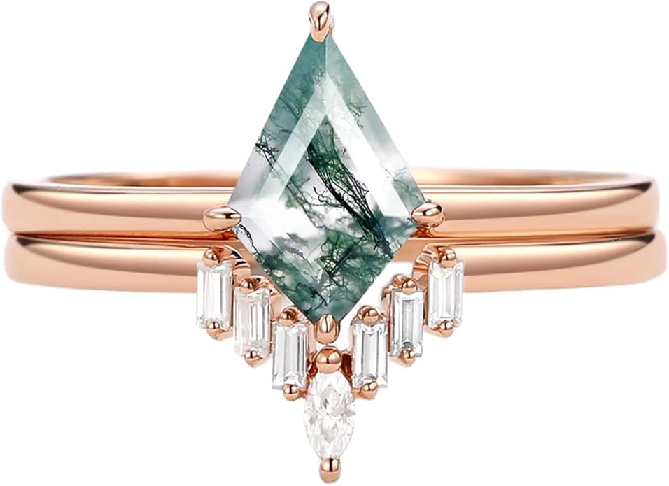 Natural Moss Agate Bridal Ring Set for Women 1CT Kite-cut Moss Agate Engagement Ring Set 925 Sterling Silver 10K 14K 18K Gold Classic Wedding Ring Set