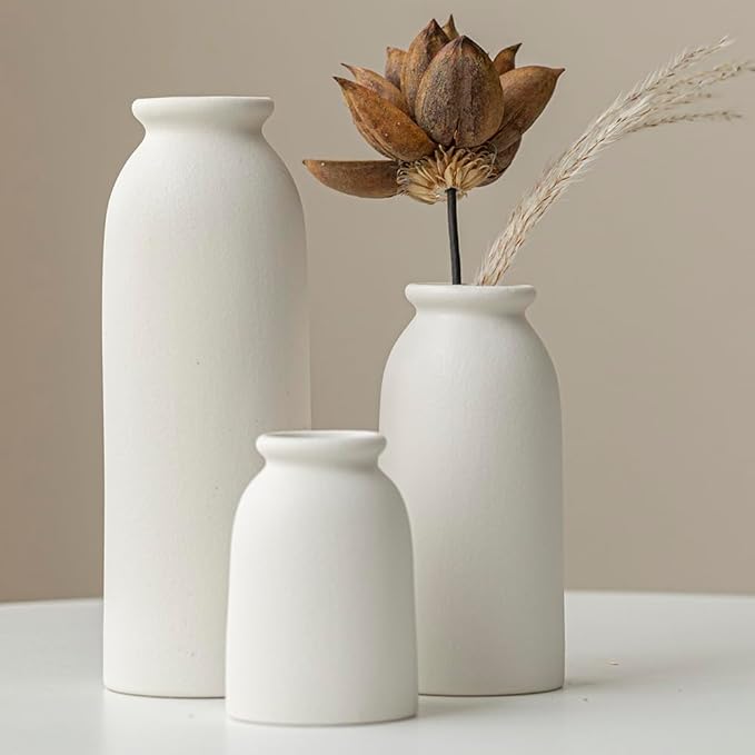 Ceramic Vase Set-3, Small Flower Vases for Decor, Modern Boho Farmhouse Style, Decorative Shelf Vases for Pampas Grass & Dried Flowers, Distressed Finish (White)-VerdiqueGarden