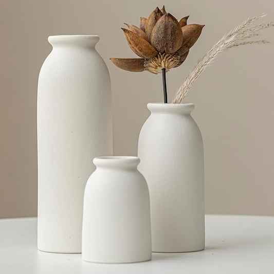 Ceramic Vase Set-3, Small Flower Vases for Decor, Modern Boho Farmhouse Style, Decorative Shelf Vases for Pampas Grass & Dried Flowers, Distressed Finish (White)-VerdiqueGarden