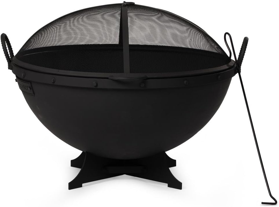 Ash & Ember 32in Hemisphere Fire Pit with Screen and Poker, Cast Iron High-Temperature Black Paint Fire Bowl, Wood Burning Backyard Fireplace, Portable Outdoor Firepit-VerdiqueGarden