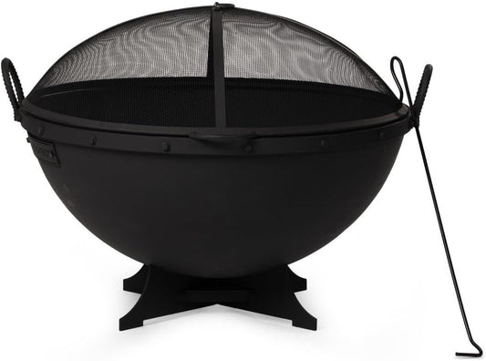 Ash & Ember 32in Hemisphere Fire Pit with Screen and Poker, Cast Iron High-Temperature Black Paint Fire Bowl, Wood Burning Backyard Fireplace, Portable Outdoor Firepit-VerdiqueGarden