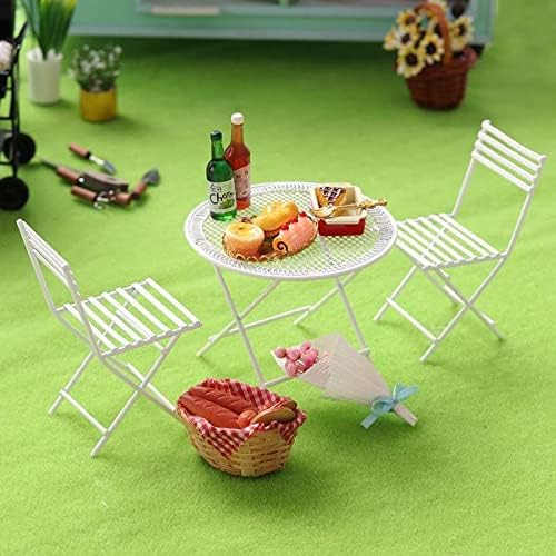 Dollhouse Miniature Bistro Table & Chairs Set Accessories Metal 1:12 Scale Miniatures White Coffee/Tea Furniture Fairy Garden Cute Rustic Elegant Decorations Ornaments (B)-VerdiqueGarden