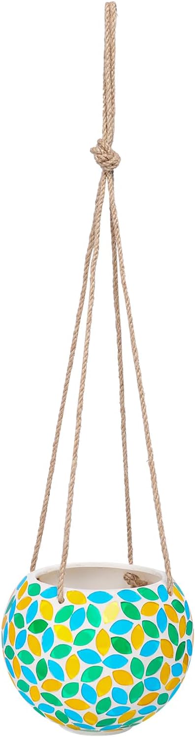 Hanging Planter Mosaic Garden Pot Small Flower Pot for Indoor Plant Disco Ball Hanging Planter with Drainage Green Yellow-VerdiqueGarden