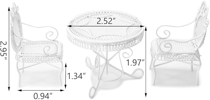 Dollhouse Miniature Bistro Table & Chairs Set Accessories Metal 1:12 Scale Miniatures White Coffee/Tea Furniture Fairy Garden Cute Rustic Elegant Decorations Ornaments (A)-VerdiqueGarden