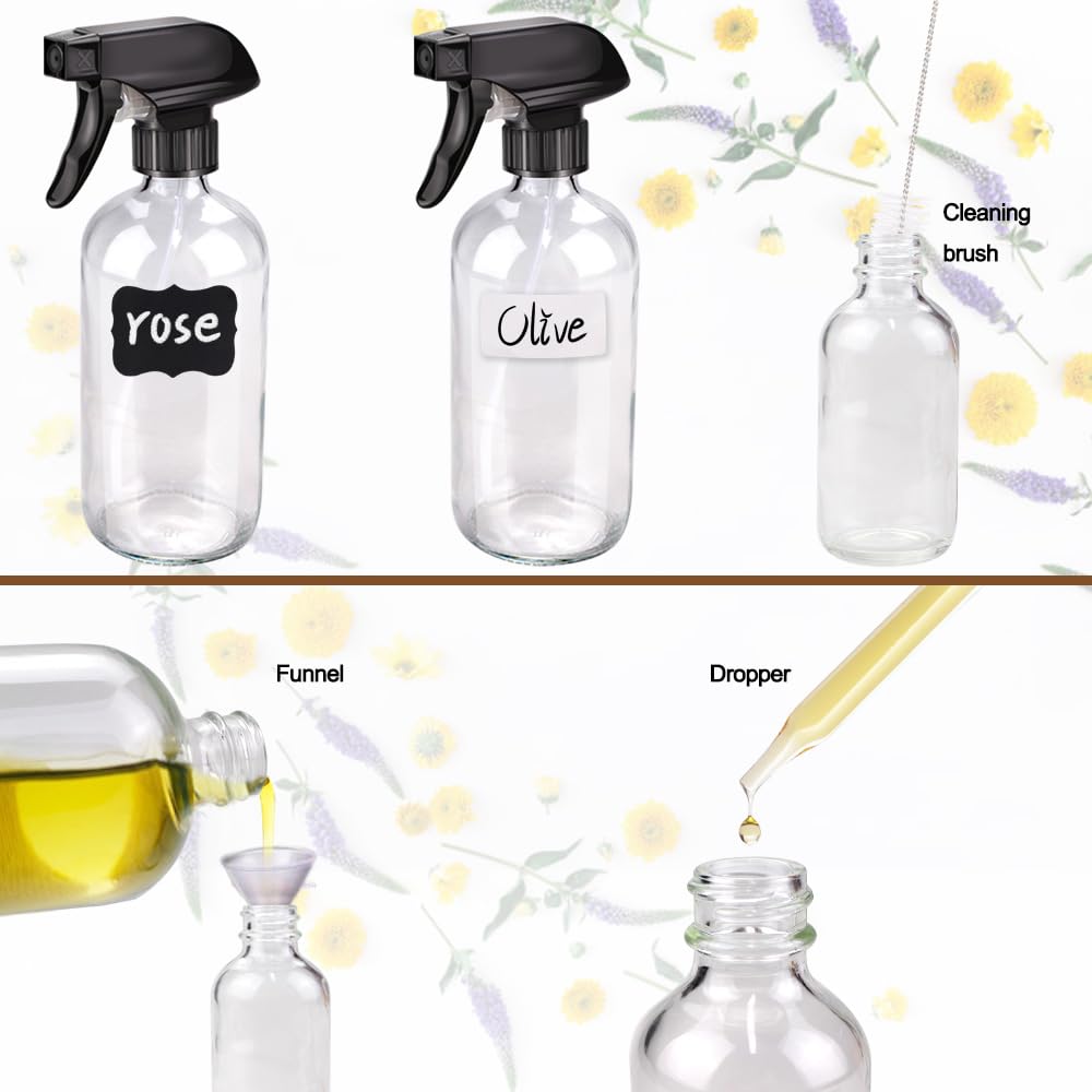 Glass Spray Bottle Kit×10 (2×16 oz, 2×4 oz, 6×2 oz), 9×10 ml Roller Bottles, Anti UV, Multi Size and Versatile, Suitable for Aromatherapy, Facial Moisturizing, Watering, etc.(Clear)-VerdiqueGarden