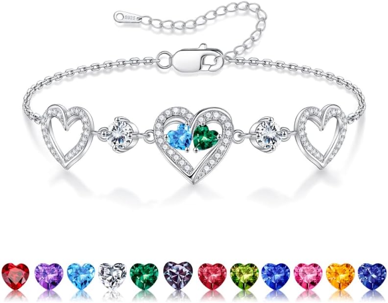 Iefil Valentines Day Gifts for Her - 925 Sterling Silver Heart Birthstone Bracelet Birthday Anniversary Jewelry Gifts for Her Wife