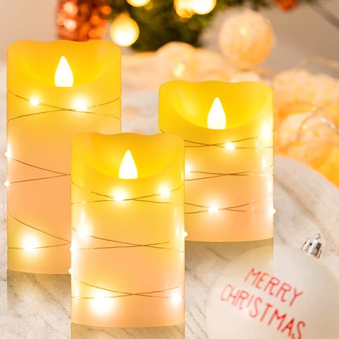 Flameless Flickering Candle, Pillar Candle,with Embedded String Lights,3 Pack LED Romantic Candle with Remote Control, Battery Operated Real Wax, Ideal for Wedding, Home decorand Holiday (Ivory)-VerdiqueGarden