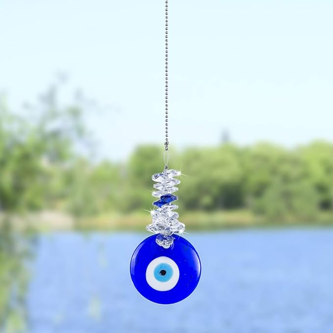 Blue Glass Evil Eye Talisman with Crystal Beads - Good Luck Charm, Home, Office, Car Decoration, Blessing Ornament, Reflects Negative Energy-VerdiqueGarden