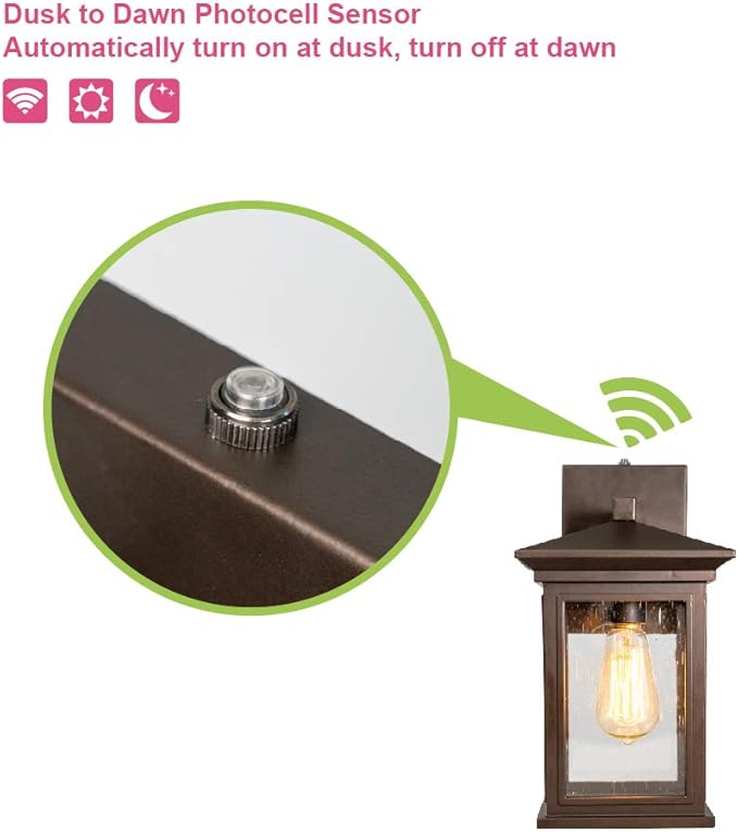 Dusk to Dawn Outdoor Wall Lantern, Exterior Wall Sconce Fixture with Tempered Clear Seeded Glass, Oil Rubbed Bronze (ORB) Finish for Outdoors (Medium Wall Mount - 2 Pack)-VerdiqueGarden