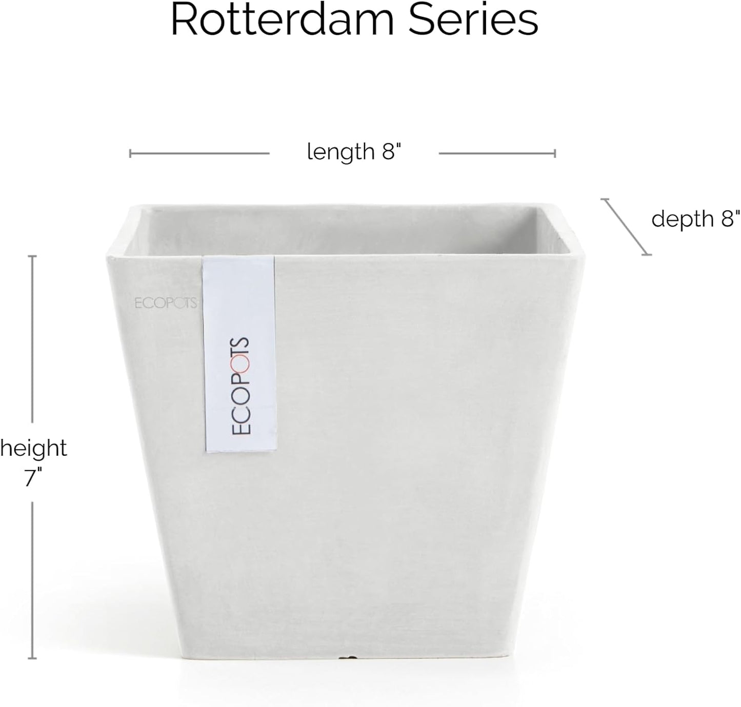 Ecopots Rotterdam Durable Modern Square Indoor/Outdoor Recycled-Based Composite Flower Planter, Pure White, 8"-VerdiqueGarden
