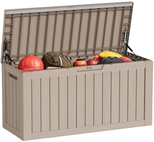80 Gallon Outdoor Deck Box,Storage Lockable Waterproof Patio Furniture,Garden Tools,Cushions,Pool Accessories Outside Storage Resin Box(Gery)-VerdiqueGarden