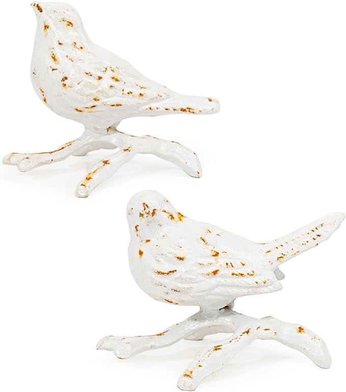 Sungmor Cast Iron Small Bird Statues, Set of 2 Antique White Bird with Branch Collectible Figurines, Farmhouse Home Garden Decorative Bird Sculpture, Realistic Indoor and Outdoor Ornaments-VerdiqueGarden