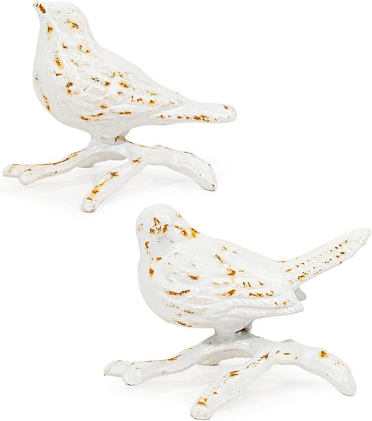 Sungmor Cast Iron Small Bird Statues, Set of 2 Antique White Bird with Branch Collectible Figurines, Farmhouse Home Garden Decorative Bird Sculpture, Realistic Indoor and Outdoor Ornaments-VerdiqueGarden