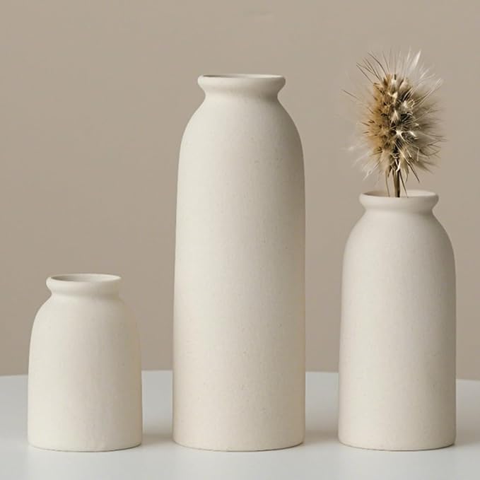 Ceramic Vase Set-3, Small Flower Vases for Decor, Modern Boho Farmhouse Style, Decorative Vases for Pampas Grass & Dried Flowers, Distressed Finish (Beige)-VerdiqueGarden