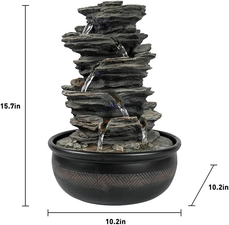 15.7” High Rock Falls Tabletop Water Fountain with LED Lights - 5-Tier Indoor Relaxation Waterfall Fountain, Small Cascading Water Feature for Home and Office Decor Gray-1-VerdiqueGarden
