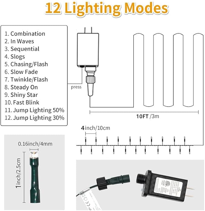 Christmas Tree Light 200 LEDs 73ft Green Cable Wire Fairy String Twinkle Lights Plug in 12 Modes for Xmas Party, Outdoor, Garden, Wedding, Home Decoration (White)-VerdiqueGarden