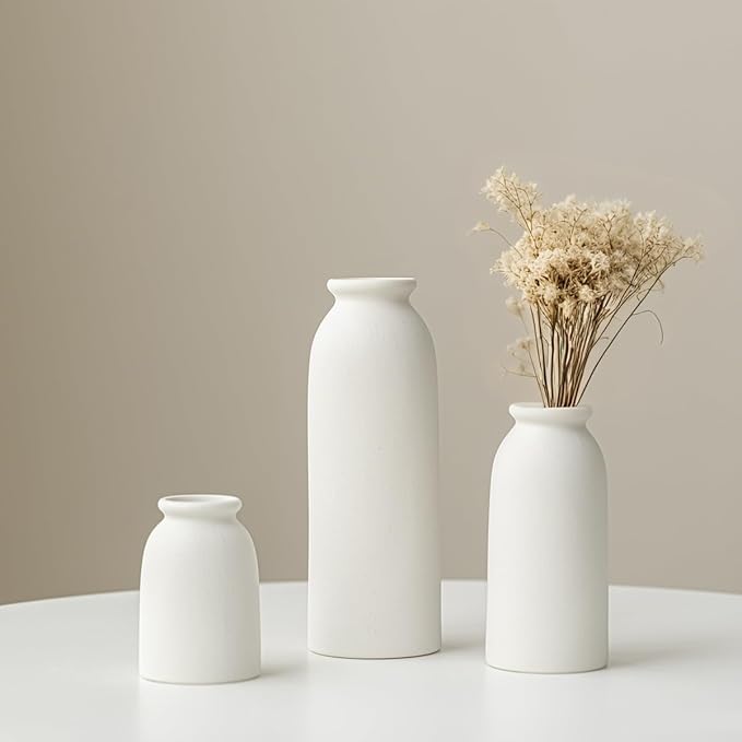 Ceramic Vase Set-3, Small Flower Vases for Decor, Modern Boho Farmhouse Style, Decorative Shelf Vases for Pampas Grass & Dried Flowers, Distressed Finish (White)-VerdiqueGarden