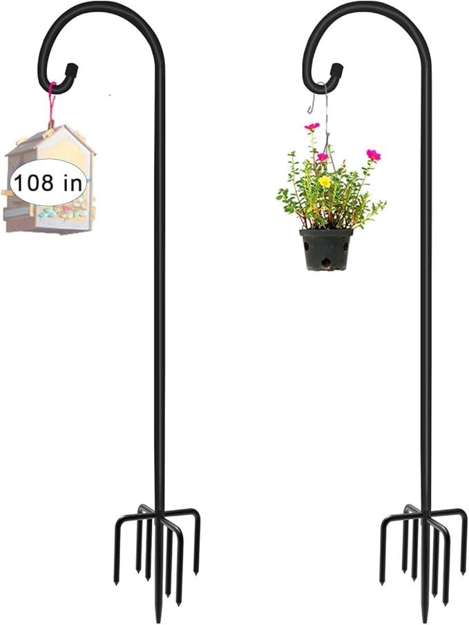 108 inch Outdoor Shepherd Hook with 5 Prong Base (2 Packs), Adjustable Heavy Duty Garden Hanging Stake for Bird Feeder Solar Light Plant Hanger Wedding Decor, Matte Black-VerdiqueGarden