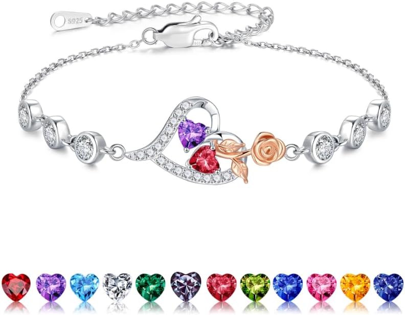 Iefil Valentines Day Gifts for Her - 925 Sterling Silver Rose Heart Birthstone Bracelets, Anniversary Birthday Gifts for Women Wife Mom Daughter, 6"+2"