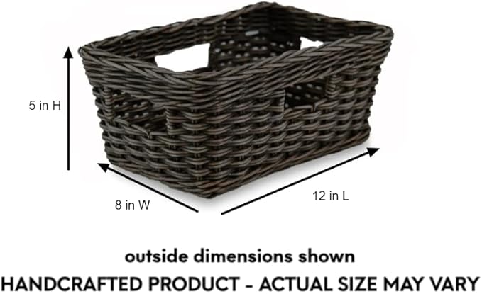 The Basket Lady Rectangular Low Wicker Storage Basket, Small, 12 in L x 8 in W x 5 in H, Antique Walnut Brown-VerdiqueGarden